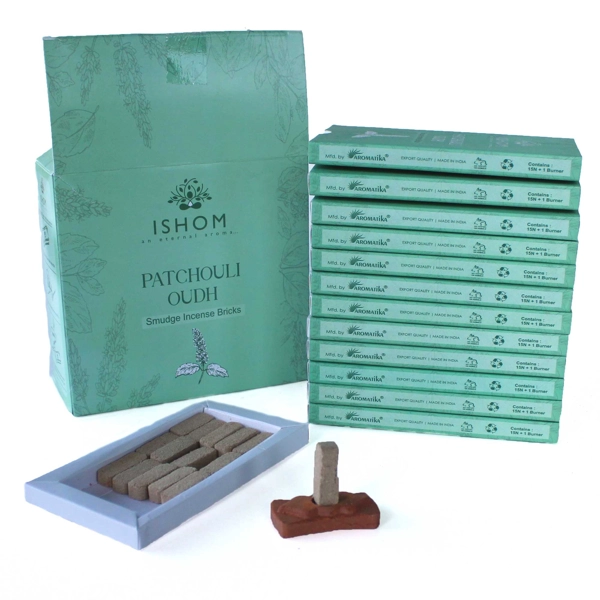 Pacote de 15 tijolos e queimador para manchas de incenso natural - madeira patchouli