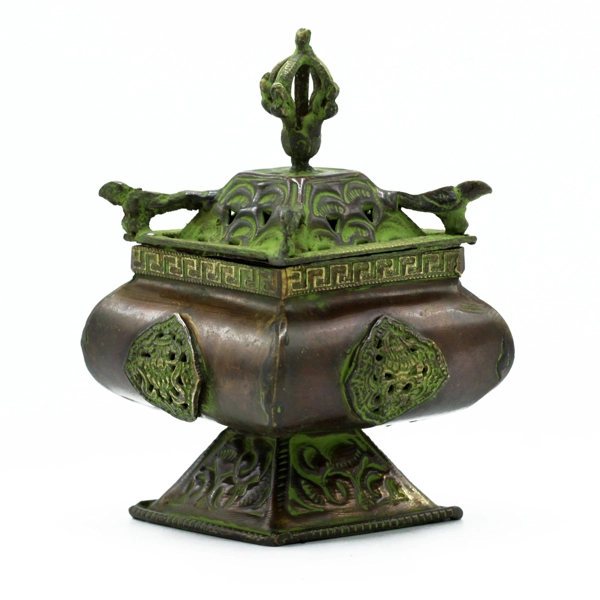 Queimador de Verdigris de Latão Tibetano - Panela de Quatro Símbolos