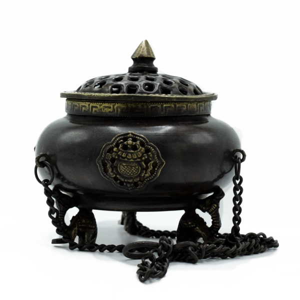 Grande Queimador de Latão Tibetano - Vaso Suspenso de Quatro Símbolos