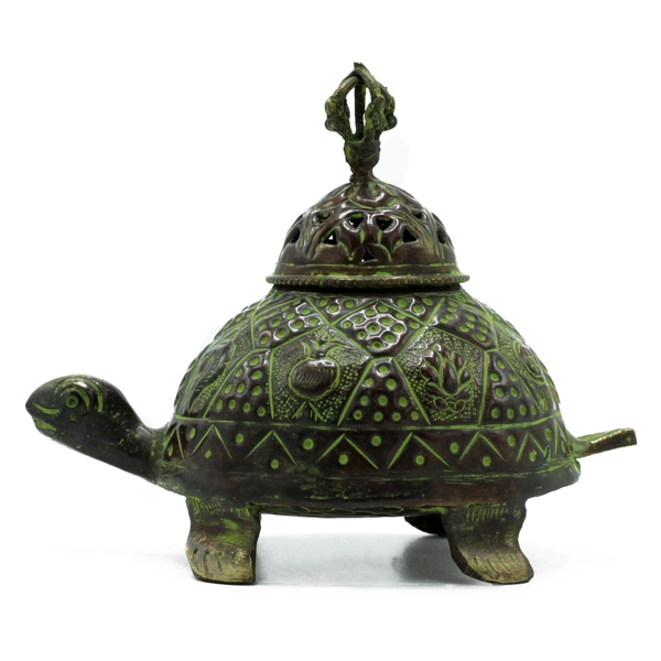 Porta-incenso de tartaruga Verdigris de latão tibetano - grande