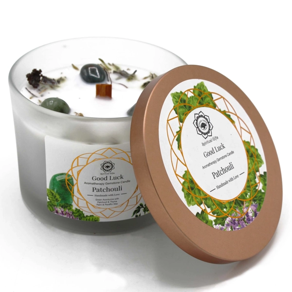 Vela de pedras preciosas de patchouli e aventurina verde - boa sorte