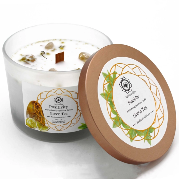 Vela de Chá Verde e Pedras Preciosas Citrinas - Positividade