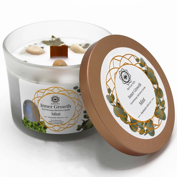 Vela de pedras preciosas de menta e lua - crescimento interno