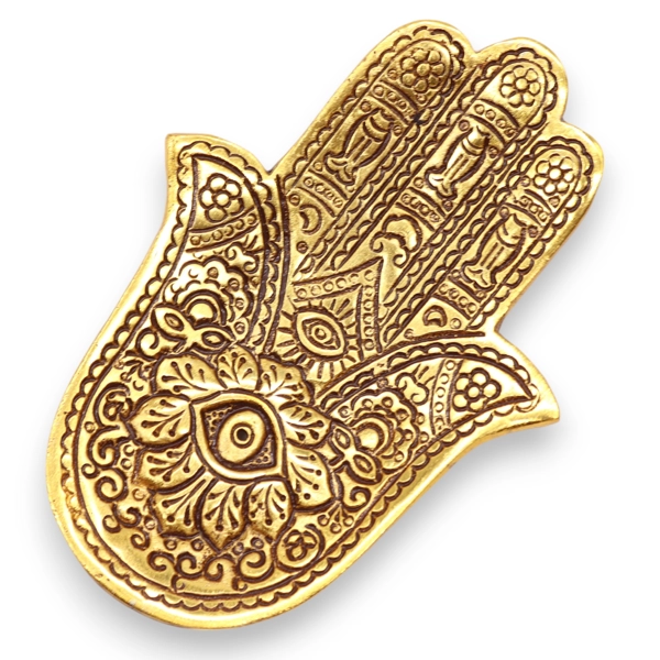 Porta-Incenso Pequeno Hamsa Alumínio Dourado 13x5,5cm