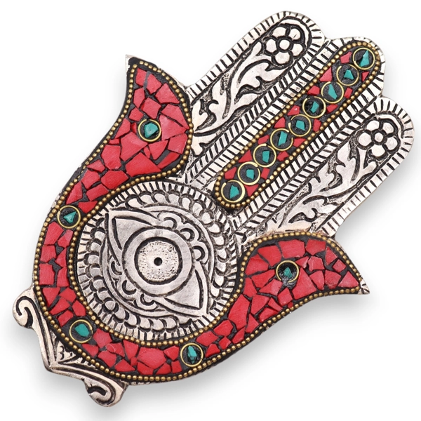 Porta-incenso Hamsa Pequeno Vermelho e Verde 13x5,5cm