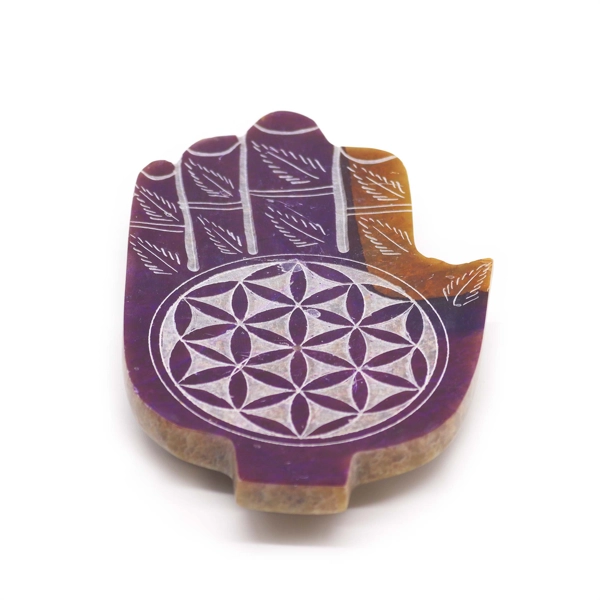 Porta-incenso em pedra-sabão Med Hamsa 13x9cm - Flor da Vida
