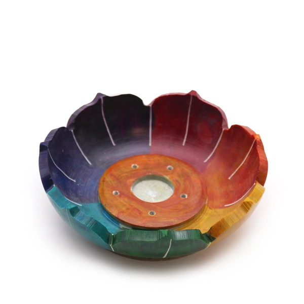 Porta Incenso em Pedra Sabão Flor de Lótus 10x3cm - Cores Chakra