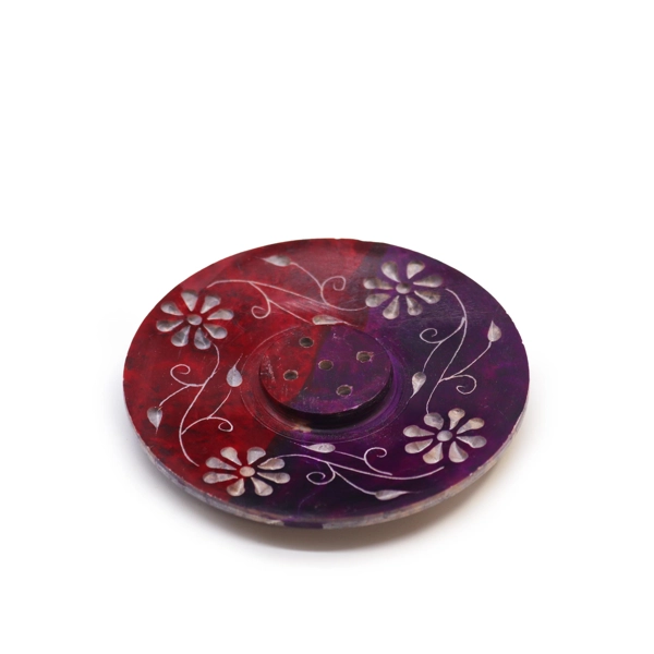 Porta-incenso em disco de pedra-sabão 8cm - Floral (comporta 5 paus)
