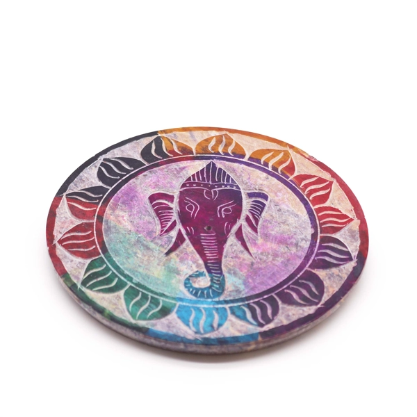 Porta Incenso em Disco de Pedra Sabão 10cm - Ganesha