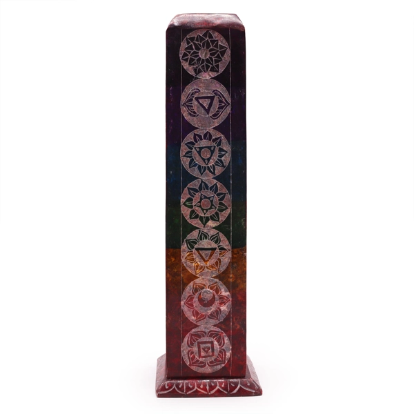 Porta Incenso Torre de Pedra Sabão Quadrada 25cm - 7 Charkras
