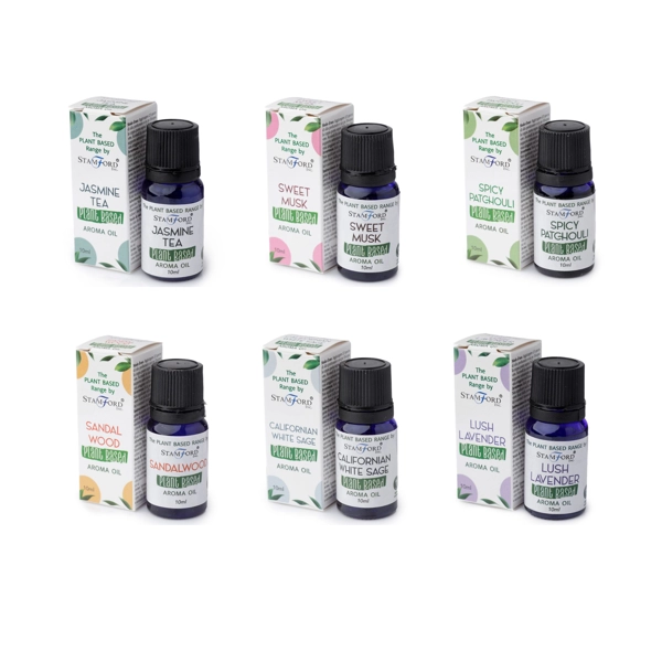 Pacote de 6 Óleos Aromáticos à Base de Plantas Diversas - Sálvia Branca Californiana, Chá de Jasmim, Lavanda Exuberante, Sândalo, Patchouli ou Oriza, Almíscar Doce