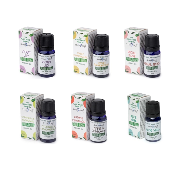 Pacote de 6 Óleos Aromáticos à Base de Plantas Diversas - Aloe Vera, Canela e Maçã, Citronela, Rosa Real, Incenso Doce, Lírio Violeta