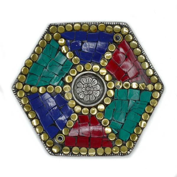 Cone de decoração tibetana de placa hexagonal e suporte de incenso em bastão